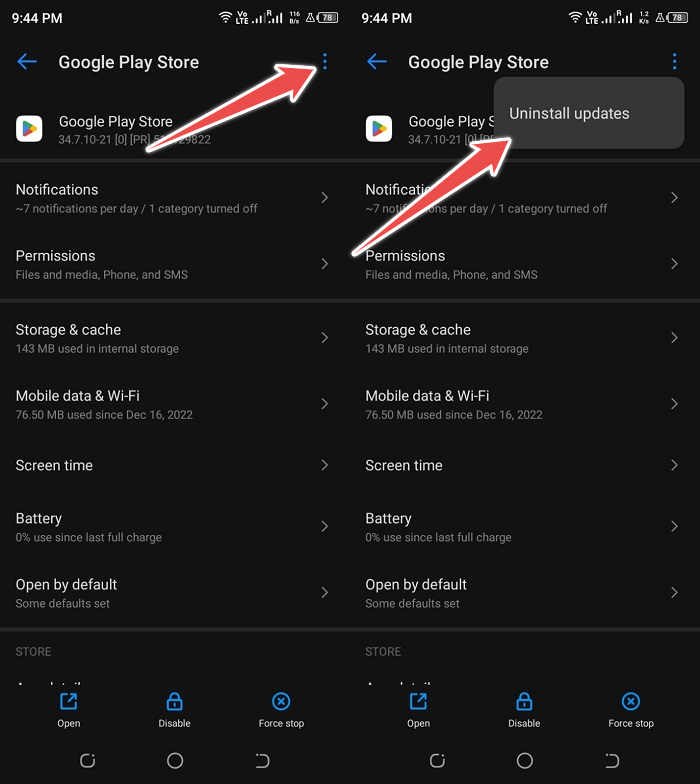 uninstall google playstore updates